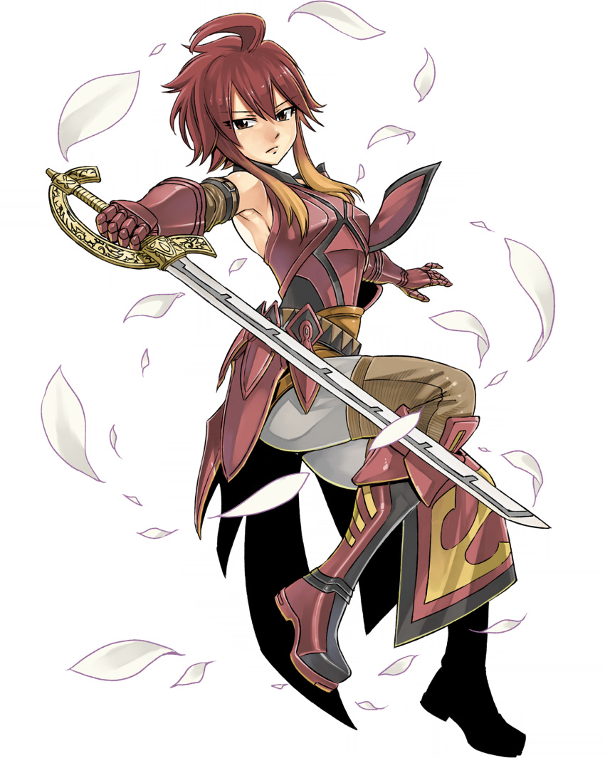 1girl armor blonde_hair boots breastplate brown_eyes cutlass falling_petals full_body gate_of_nightmares gauntlets gradient_hair highres holding holding_sword holding_weapon knee_boots looking_at_viewer mashima_hiro medium_hair multicolored_hair official_art pants petals quinn_(gate_of_nightmares) red_footwear redhead simple_background sleeveless solo sword transparent_background weapon white_pants