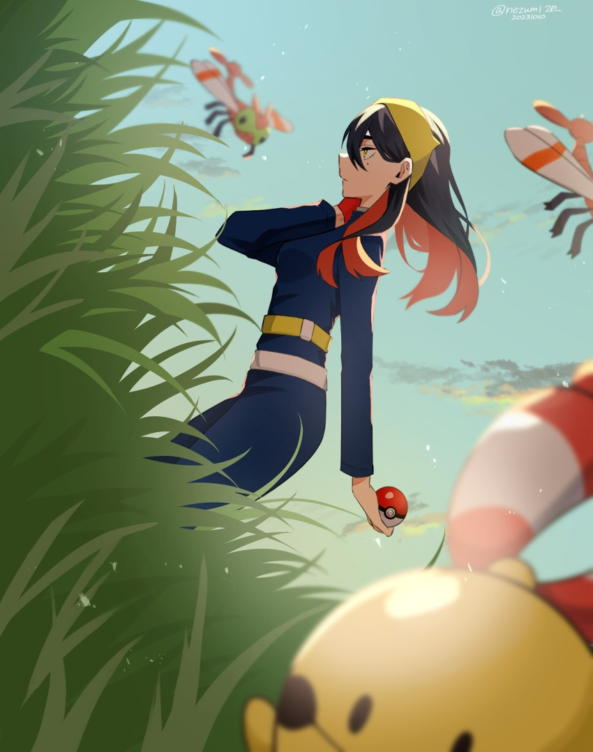 1girl belt black_hair blue_jacket blue_pants carmine_(pokemon) chingling closed_mouth clouds commentary_request day from_side genjitsu_o_miro gloves grass hairband hand_up highres holding holding_poke_ball jacket long_hair long_sleeves mole mole_under_eye outdoors pants poke_ball poke_ball_(basic) pokemon pokemon_(creature) pokemon_(game) pokemon_sv red_gloves single_glove sky strap white_belt yanma yellow_eyes yellow_hairband