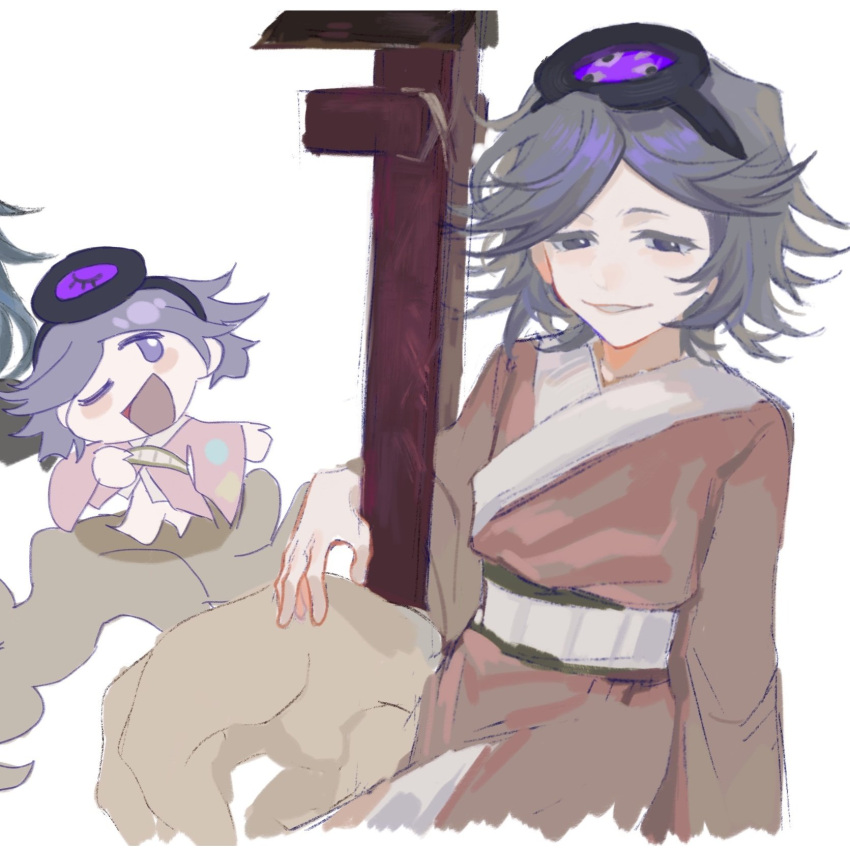 1other androgynous badai barefoot black_hairband blush_stickers chibi clouds colored_eyelashes hairband half-closed_eyes hand_on_own_chest head_mirror highres japanese_clothes kimono len'en long_sleeves messy_hair mitsumo multiple_views one_eye_closed open_mouth other_focus pink_kimono purple_hair sash short_hair smile solo teeth terumi_(len'en) torii violet_eyes white_background white_sash wide_sleeves