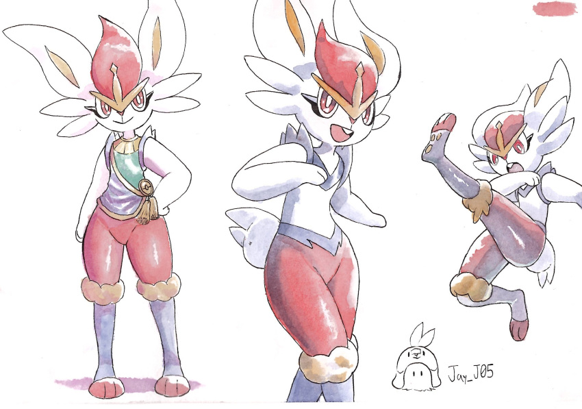 1girl :> animal_ears animal_hands animal_nose arm_at_side artist_name blue_fur body_fur bottomless bright_pupils buck_teeth cinderace cinderace_(guardian) closed_mouth commentary cropped_legs english_commentary flat_chest full_body furry furry_female groin hand_on_own_hip hands_up happy highres j.jama jumping kicking leg_up legs looking_down multicolored_fur multiple_views open_mouth painting_(medium) pawpads poke_ball_symbol pokemon pokemon_(creature) pokemon_unite rabbit_ears rabbit_girl rabbit_tail red_eyes red_fur red_hair scan shiny_skin short_hair short_tail signature simple_background sleeveless smile standing tail tassel teeth thighs traditional_media twitter_username two-tone_shirt watercolor_(medium) white_background white_fur white_pupils yellow_fur