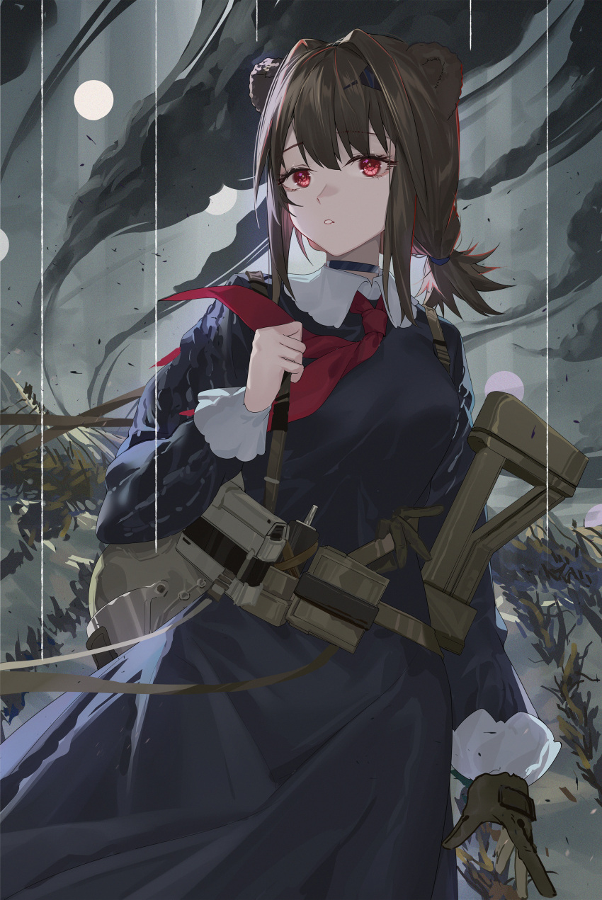 1girl absinthe_(arknights) absinthe_(noon_twilight)_(arknights) absurdres animal_ears arknights arm_at_side bear_ears bear_girl black_gloves blue_dress brown_hair clouds commentary commentary_typo dress gloves grey_sky gun highres hongbaise_raw long_sleeves looking_at_viewer neckerchief outdoors parted_lips pouch red_eyes red_neckerchief rifle short_ponytail sidelocks single_glove sky solo weapon