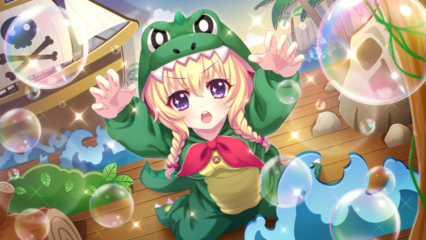 1girl alligator_costume arms_up blonde_hair bow braid breasts bubble bush cardboard_cutout claw_pose clouds dot_nose dutch_angle film_grain game_cg hasegawa_mii izumi_tsubasu jolly_roger lens_flare log long_sleeves non-web_source official_art open_mouth palm_tree peter_pan pirate_ship plant re:stage! red_bow rock sitting small_breasts solo sparkle sparkling_eyes stage teeth tree twin_braids upper_teeth_only vines violet_eyes wariza waves wooden_floor