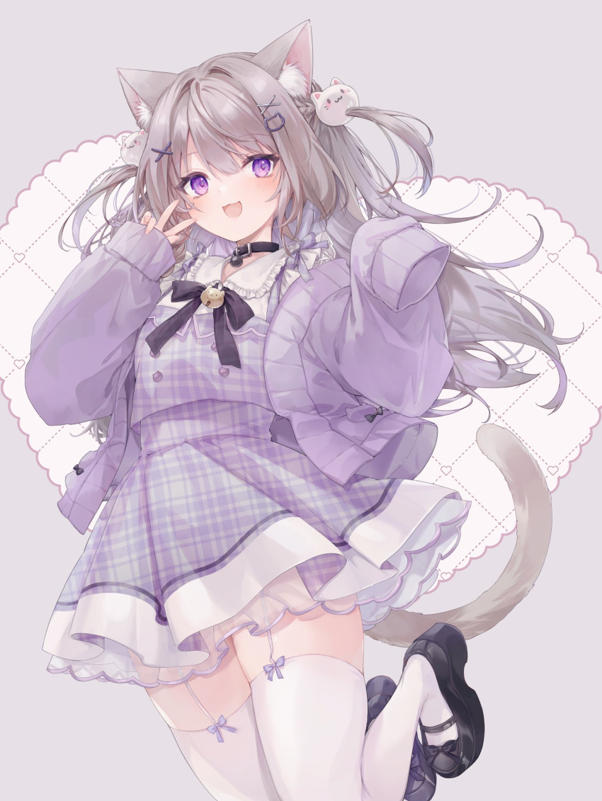 1girl animal_ear_fluff animal_ears cardigan cat_ears cat_girl cat_tail collar frilled_skirt frills garter_straps grey_hair highres indie_virtual_youtuber light_brown_hair long_hair long_sleeves looking_at_viewer minaneko_mai off_shoulder open_cardigan open_clothes plaid plaid_skirt plaid_vest purple_cardigan purple_skirt purple_vest second-party_source skirt sleeves_past_fingers sleeves_past_wrists tail thigh-highs two_side_up ukishizumi vest violet_eyes virtual_youtuber white_thighhighs