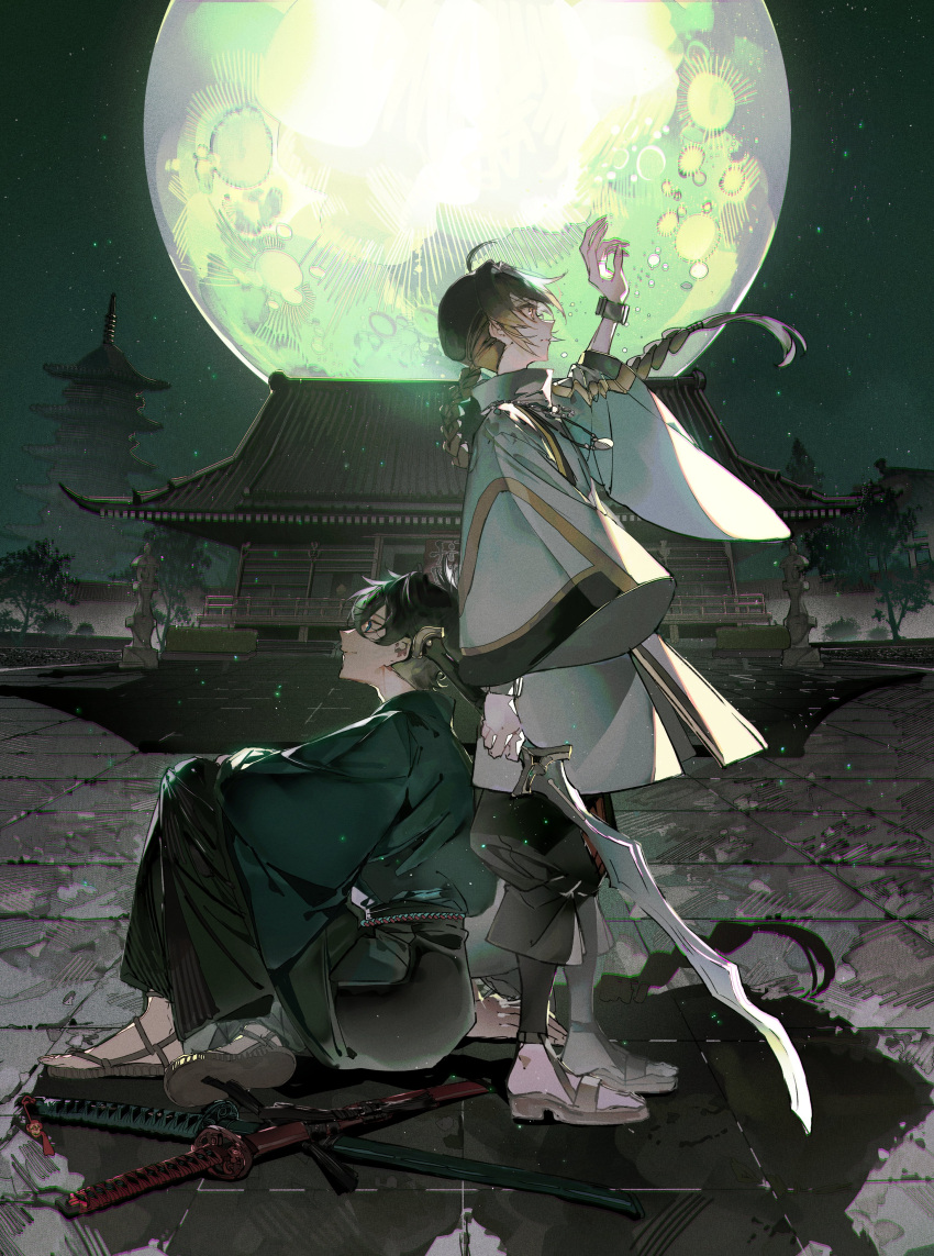 absurdres ahoge architecture back-to-back black_hair braid east_asian_architecture fate/samurai_remnant fate_(series) full_moon highres holding holding_sword holding_weapon japanese_clothes jewelry katana kimono miyamoto_iori_(fate) moon mura_karuki night pendant saber_(fate/samurai_remnant) sandals sitting sword weapon wide_sleeves