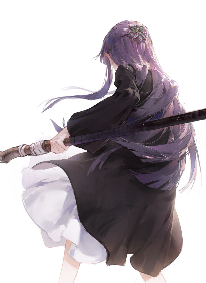 1girl absurdres black_dress dino_(dinoartforame) dress fern_(sousou_no_frieren) from_behind hair_ornament highres holding holding_staff long_hair mage_staff purple_hair solo sousou_no_frieren staff white_background