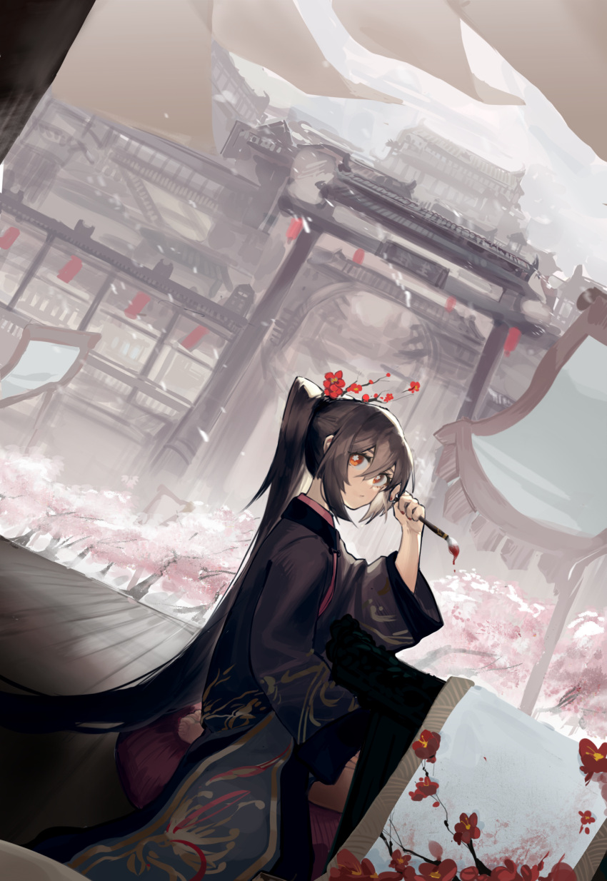1girl akarinchan alternate_costume alternate_hairstyle architecture branch brown_coat brown_hair calligraphy_brush chinese_clothes coat east_asian_architecture flower genshin_impact hair_flower hair_ornament hand_up hanfu high_ponytail highres hu_tao_(genshin_impact) long_hair looking_at_viewer paintbrush plum_blossoms red_eyes red_flower snow solo very_long_hair wooden_floor