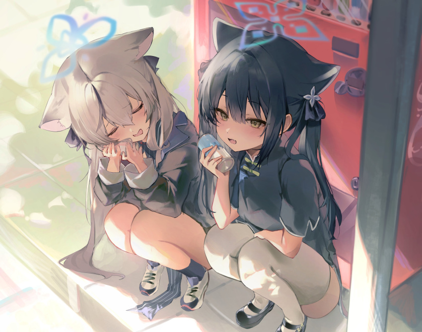 2girls absurdres animal_ears black_dress black_footwear black_hair black_socks blue_archive can closed_eyes cross-laced_footwear dress extra_ears fang grey_hair hair_between_eyes hair_ornament halo highres hisiya_(wldn1112) holding holding_can kokona_(blue_archive) long_hair long_sleeves looking_at_viewer mary_janes multiple_girls open_mouth outdoors shoes short_sleeves shun_(blue_archive) shun_(small)_(blue_archive) siblings sidelocks sisters socks squatting thigh-highs white_footwear white_thighhighs