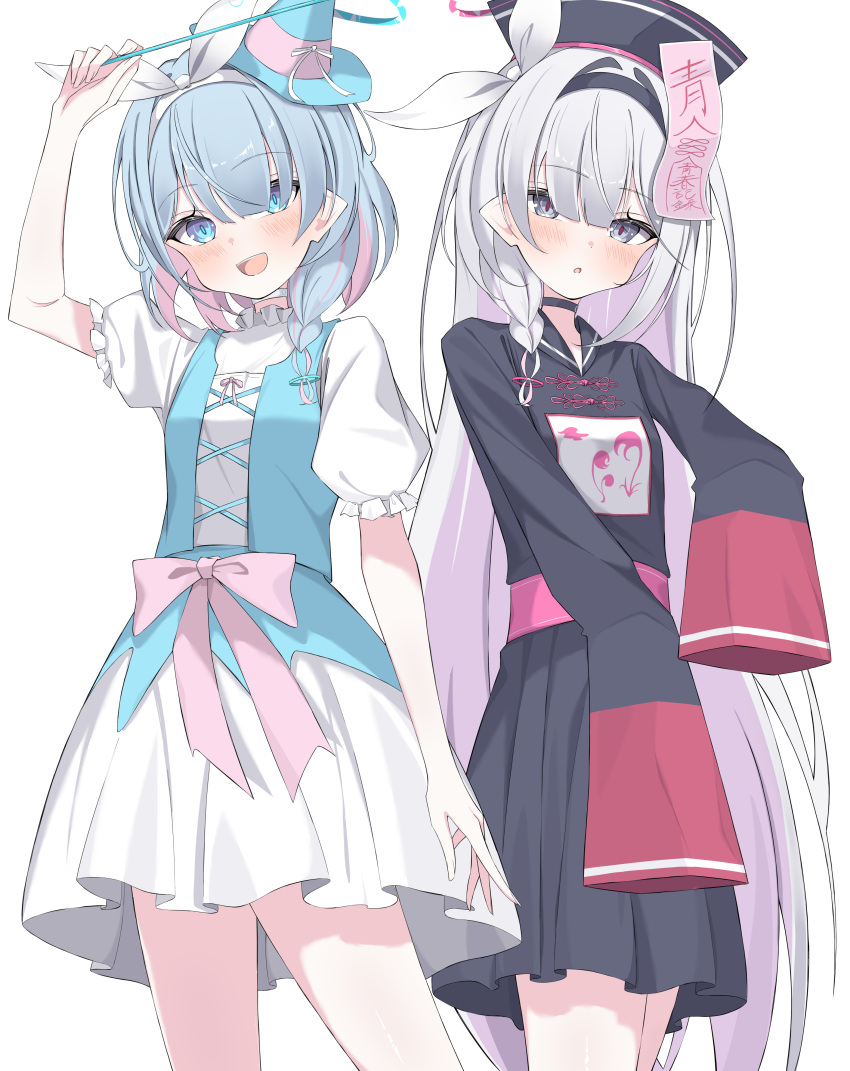 2girls absurdres arona_(blue_archive) black_choker black_hairband blue_archive blue_hair blue_halo blush choker cosplay grey_hair hairband halo highres itami_riya long_hair long_sleeves looking_at_viewer multiple_girls open_mouth pink_halo plana_(blue_archive) short_hair short_sleeves simple_background sleeves_past_fingers sleeves_past_wrists white_choker white_hairband