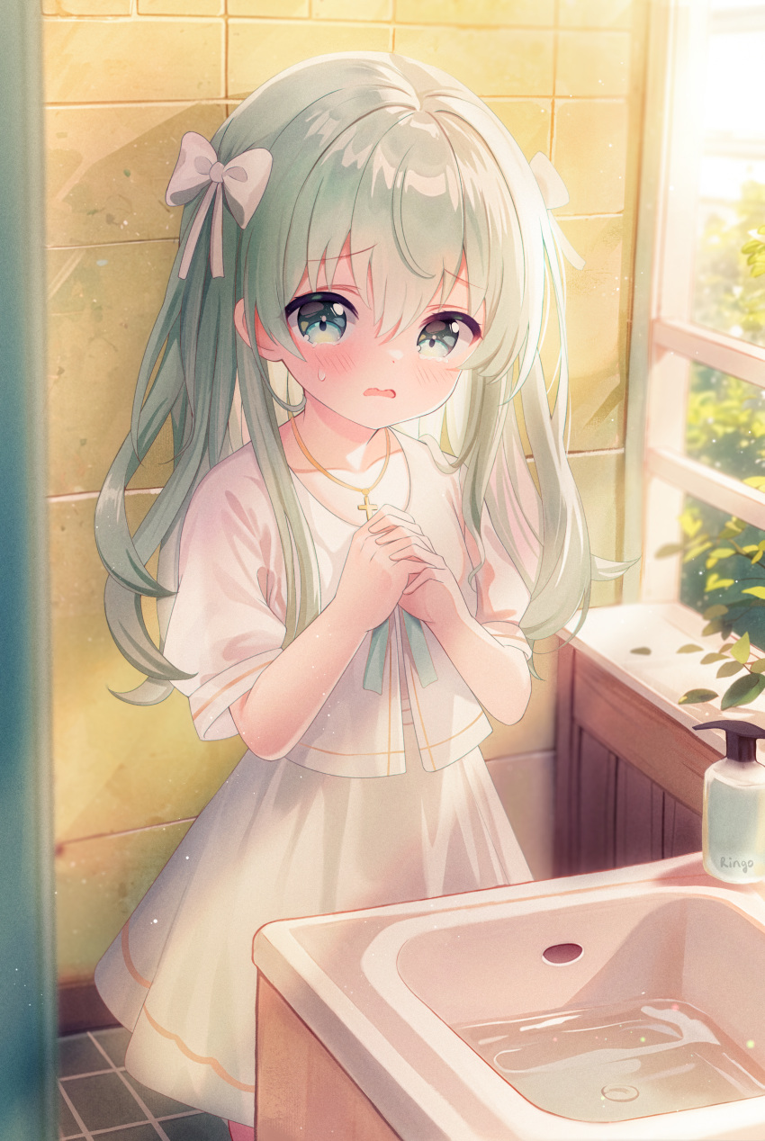 1girl absurdres bow cross cross_necklace crying dress green_bow green_eyes green_hair highres jewelry kinoshita_ringo_(ryve5758) loli necklace restroom shiro_seijo_to_kuro_bokushi sunlight tearing_up twintails white_dress