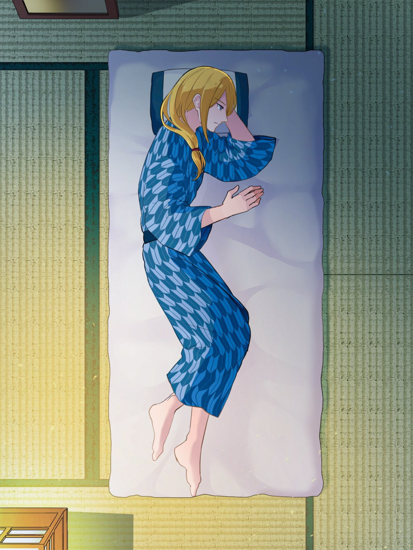 1boy barefoot blonde_hair blue_kimono closed_mouth commentary_request from_above frown futako_(gemini_ds) futon grey_eyes hair_over_shoulder hair_tie highres indoors japanese_clothes kimono light long_hair lying male_focus on_side pillow pokemon pokemon_(game) pokemon_legends:_arceus sash solo tatami volo_(pokemon)