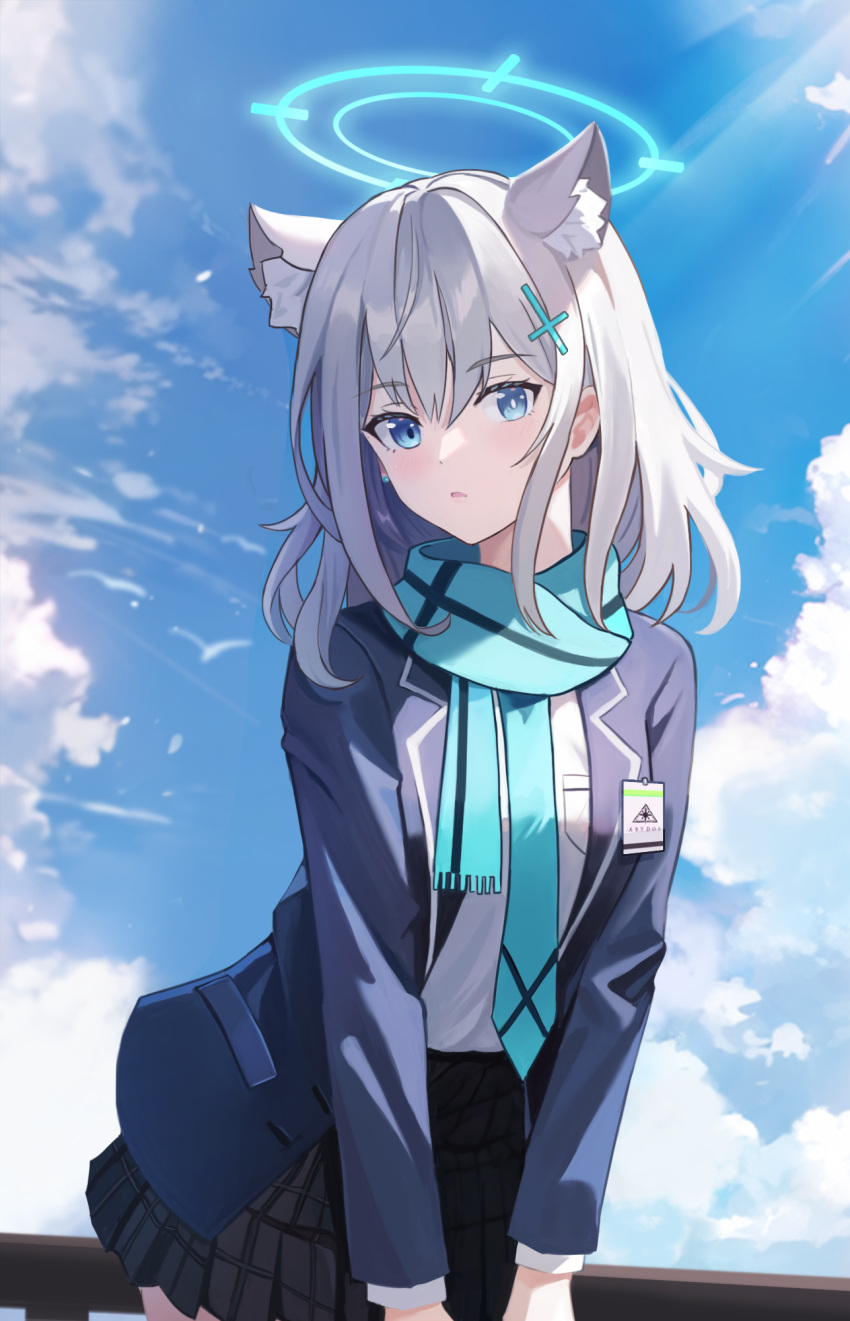 1girl animal_ear_fluff animal_ears black_skirt blue_archive blue_eyes blue_halo blue_jacket blue_scarf blue_sky clouds cloudy_sky commentary_request cross_hair_ornament earrings grey_hair hair_ornament halo highres jacket jewelry long_sleeves looking_at_viewer medium_hair mismatched_pupils open_clothes open_jacket parted_lips plaid plaid_skirt pleated_skirt scarf shiroko_(blue_archive) shirt skirt sky solo white_shirt wolf_ears xiongji_z_z