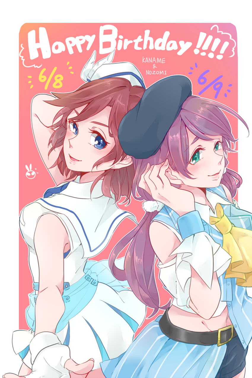2girls ascot belt beret black_belt blue_eyes blue_headwear blue_skirt blush border character_name clothing_cutout commentary cowboy_shot fingerless_gloves gloves green_eyes hair_tucking happy_birthday hat hat_feather highres idol idol_clothes kaname_buccaneer kashikaze long_hair looking_at_viewer love_live! love_live!_school_idol_project low_twintails macross macross_delta midriff multiple_girls open_mouth outline outside_border parted_lips pleated_skirt purple_hair redhead sailor_collar shirt short_hair shoulder_cutout skirt sleeveless sleeveless_shirt toujou_nozomi twintails white_border white_gloves white_headdress white_outline white_sailor_collar white_shirt yellow_ascot