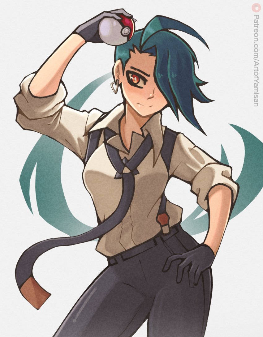 1girl ahoge black_gloves breasts collared_shirt cowboy_shot earrings gloves green_hair highres holding holding_poke_ball jewelry patreon_logo poke_ball poke_ball_(basic) pokemon pokemon_(game) pokemon_sv ponytail red_eyes rika_(pokemon) shirt simple_background small_breasts solo split_mouth suspenders yamisan