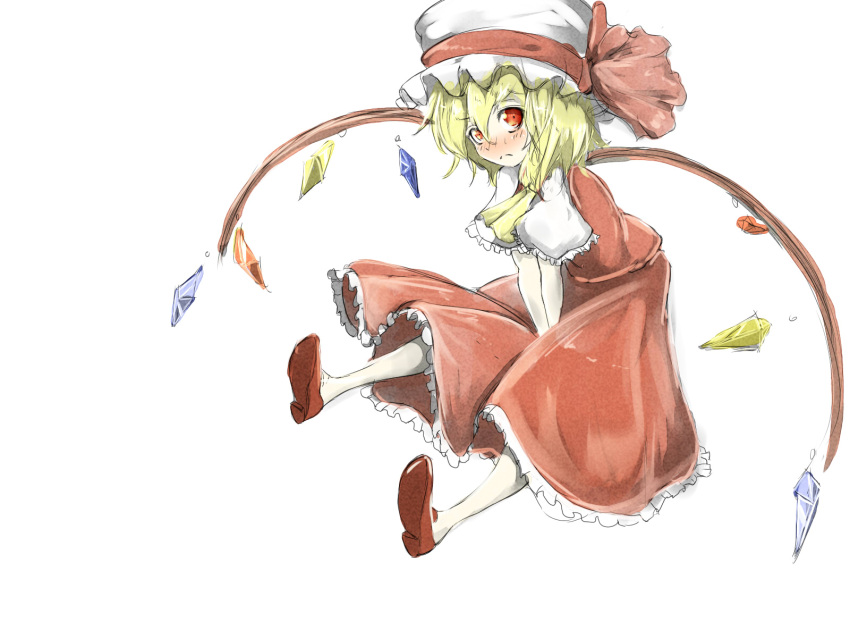 1girl ascot between_legs blonde_hair blush closed_mouth crystal flandre_scarlet frilled_sleeves frills from_side frown full_body hand_between_legs hat hat_ribbon highres large_ribbon looking_at_viewer mob_cap multicolored_wings nose_blush one_side_up puffy_short_sleeves puffy_sleeves red_eyes red_footwear red_skirt red_vest ribbon shirt shoe_soles short_sleeves simple_background skirt solo touhou vest watchi white_background white_headwear white_shirt wings yellow_ascot
