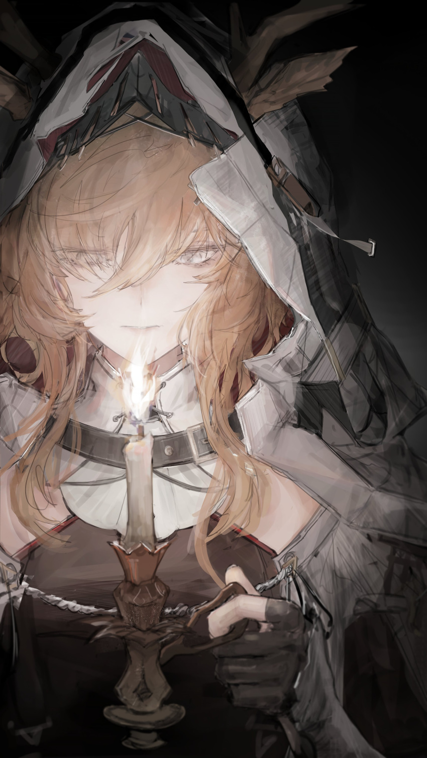 1girl absurdres arknights black_gloves blonde_hair blue_eyes candle candlestand closed_mouth commentary eyes_visible_through_hair gloves hair_over_one_eye highres holding holding_candle hood hood_up horns looking_down nueegochi partially_fingerless_gloves solo viviana_(arknights)