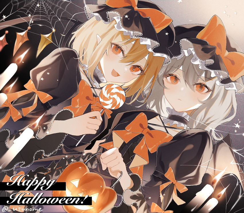 2girls :d alternate_color bat_wings black_choker black_dress black_headwear blonde_hair bow bowtie candle candy choker closed_mouth commentary_request crystal dress flandre_scarlet food frilled_choker frilled_headwear frills grey_hair halloween happy_halloween hat holding holding_candy holding_food holding_lollipop jack-o'-lantern lace-trimmed_headwear lace-trimmed_sleeves lace_trim lollipop looking_at_viewer medium_hair mob_cap multiple_girls orange_bow orange_bowtie orange_eyes puffy_short_sleeves puffy_sleeves remilia_scarlet short_sleeves silk smile spider_web touhou twitter_username upper_body uzmee wings