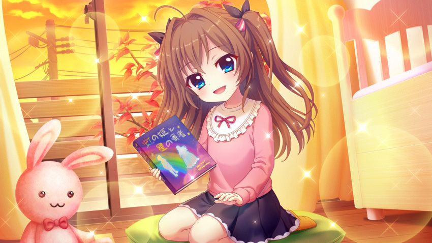 1girl :3 aged_down ahoge black_bow black_skirt blue_eyes book bow bowtie brown_hair child clouds curtains cushion dot_nose dutch_angle evening fang film_grain game_cg glass_door hair_bow head_tilt holding holding_book indoors izumi_tsubasu lens_flare long_hair long_sleeves looking_at_viewer non-web_source official_art on_pillow open_mouth orange_sky pink_shirt re:stage! red_bow red_bowtie seiza shikimiya_aone shirt sitting skirt sky sliding_doors smile socks solo sparkle stuffed_animal stuffed_rabbit stuffed_toy translated two_side_up utility_pole wooden_floor yellow_socks zabuton