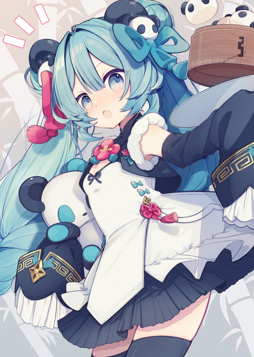 1girl absurdres animal_ears aqua_eyes aqua_hair black_thighhighs china_dress chinese_clothes chuuko_anpu detached_sleeves dress hair_ornament hat hatsune_miku highres long_hair looking_at_viewer open_mouth panda rabbit rabbit_yukine skirt thigh-highs top_hat twintails very_long_hair vocaloid wide_sleeves