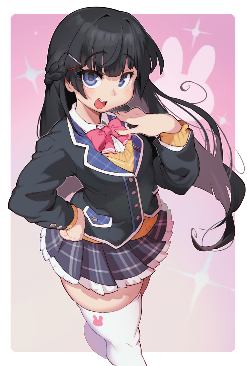 1girl black_hair blue_cardigan blue_eyes blue_skirt bow bowtie braid cardigan checkered_clothes checkered_skirt from_above hair_ornament hairpin hand_on_own_chest hand_on_own_hip highres lapels long_hair long_sleeves looking_at_viewer nijisanji notched_lapels open_mouth pink_background pink_bow pink_bowtie pleated_skirt sanjiro_(tenshin_anman) school_uniform shirt simple_background skirt solo standing thick_thighs thigh-highs thighs tsukino_mito white_background white_thighhighs yellow_shirt