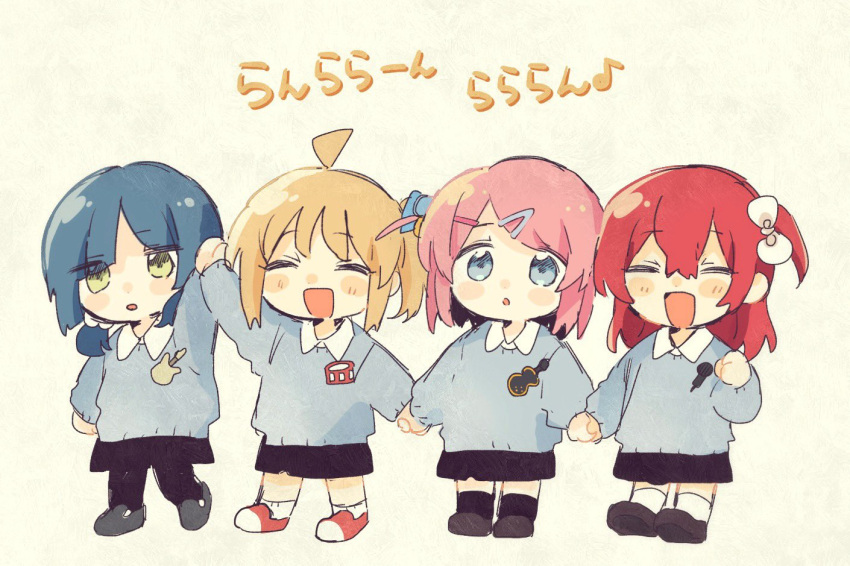 4girls aged_down ahoge blonde_hair blue_eyes blue_hair bocchi_the_rock! bow closed_eyes commentary fuji_1221 gotoh_hitori green_eyes hair_bow hair_ornament hair_tie hairclip holding_hands ijichi_nijika kindergarten_uniform kita_ikuyo light_blush multiple_girls open_mouth parted_bangs pink_hair redhead short_twintails side_ponytail sidelocks simple_background smile twintails white_bow yamada_ryo