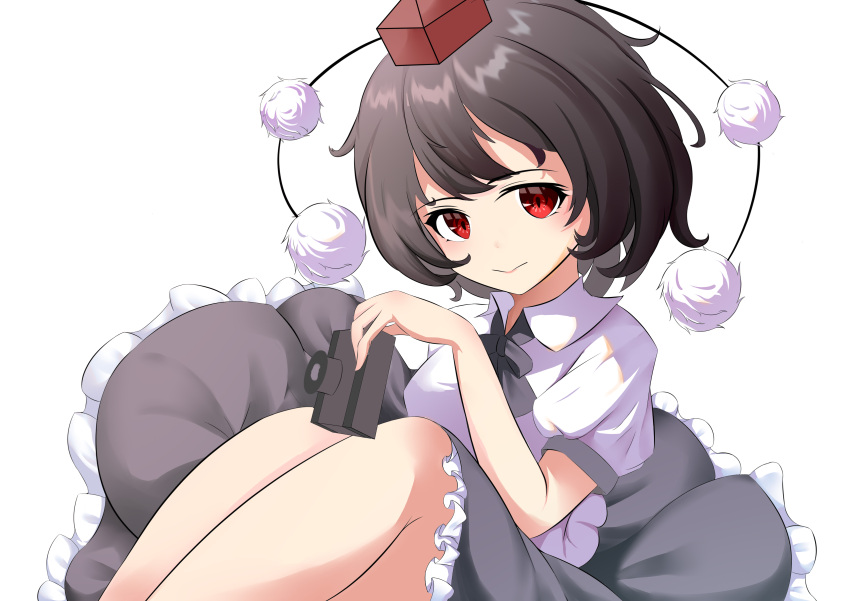 1girl absurdres black_hair collared_shirt commentary highres red_eyes shameimaru_aya shirt simple_background sitting solo tagme touhou white_background