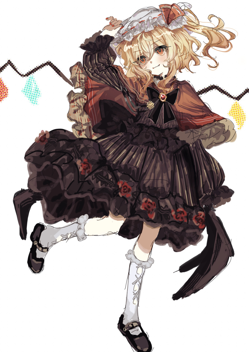 1girl absurdres alternate_costume black_dress black_footwear black_ribbon blonde_hair brooch capelet chinese_commentary closed_mouth commentary_request dress fang flandre_scarlet frilled_capelet frilled_sleeves frills full_body hair_between_eyes hat hat_ribbon highres huangdouliuhan jewelry leg_up long_sleeves mob_cap orange_eyes red_brooch red_capelet red_nails red_ribbon ribbon side_ponytail simple_background sketch smile socks solo touhou white_background white_headwear white_socks wings