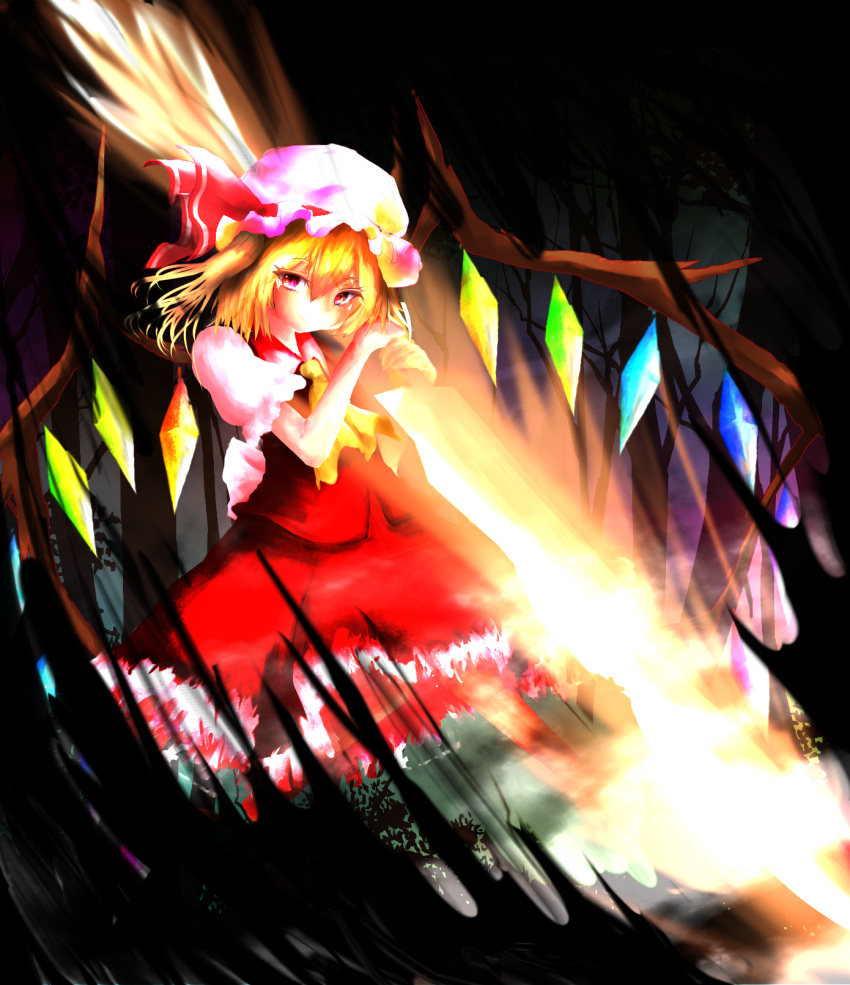 1girl alternate_weapon ascot blonde_hair collared_shirt crystal flandre_scarlet forest frilled_sleeves frills glowing glowing_weapon hat highres holding holding_weapon looking_at_viewer mob_cap multicolored_wings nanahana_nanana nature no_mouth no_nose outdoors pink_headwear puffy_short_sleeves puffy_sleeves red_eyes red_ribbon red_skirt red_vest ribbon ribbon-trimmed_headwear ribbon_trim shirt short_sleeves skirt skirt_set solo touhou vest weapon white_shirt wings yellow_ascot