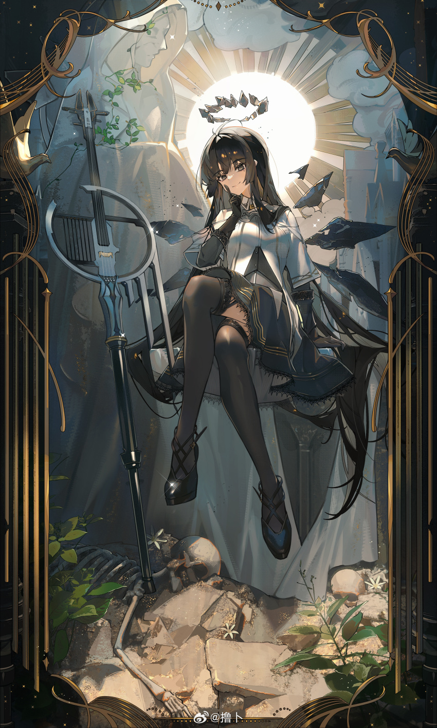 1girl absurdly_long_hair absurdres ahoge architecture arknights artist_name ascot belt belt_buckle black_ascot black_bustier black_eyes black_footwear black_garter_straps black_gloves black_hair black_halo black_thighhighs black_wings blunt_bangs bone boots breasts broken_halo buckle bustier cello chinese_commentary closed_mouth collared_jacket commentary_request crossed_legs dark_halo detached_wings dress_shirt energy_wings finger_to_cheek flower garter_straps glint gloves grey_shirt halo hand_up high_heel_boots high_heels highres hime_cut instrument jacket leaf long_hair long_sleeves looking_at_viewer medium_breasts mole mole_under_eye outdoors plant rock rubble shirt sidelocks sitting skeleton skirt skull smile smoke smoke_trail solo sparkle staff_(music) star_(symbol) statue sun sunlight thigh-highs toto_(caaaaarrot) very_long_hair violin virtuosa_(arknights) weibo_username white_belt white_flower white_jacket wings