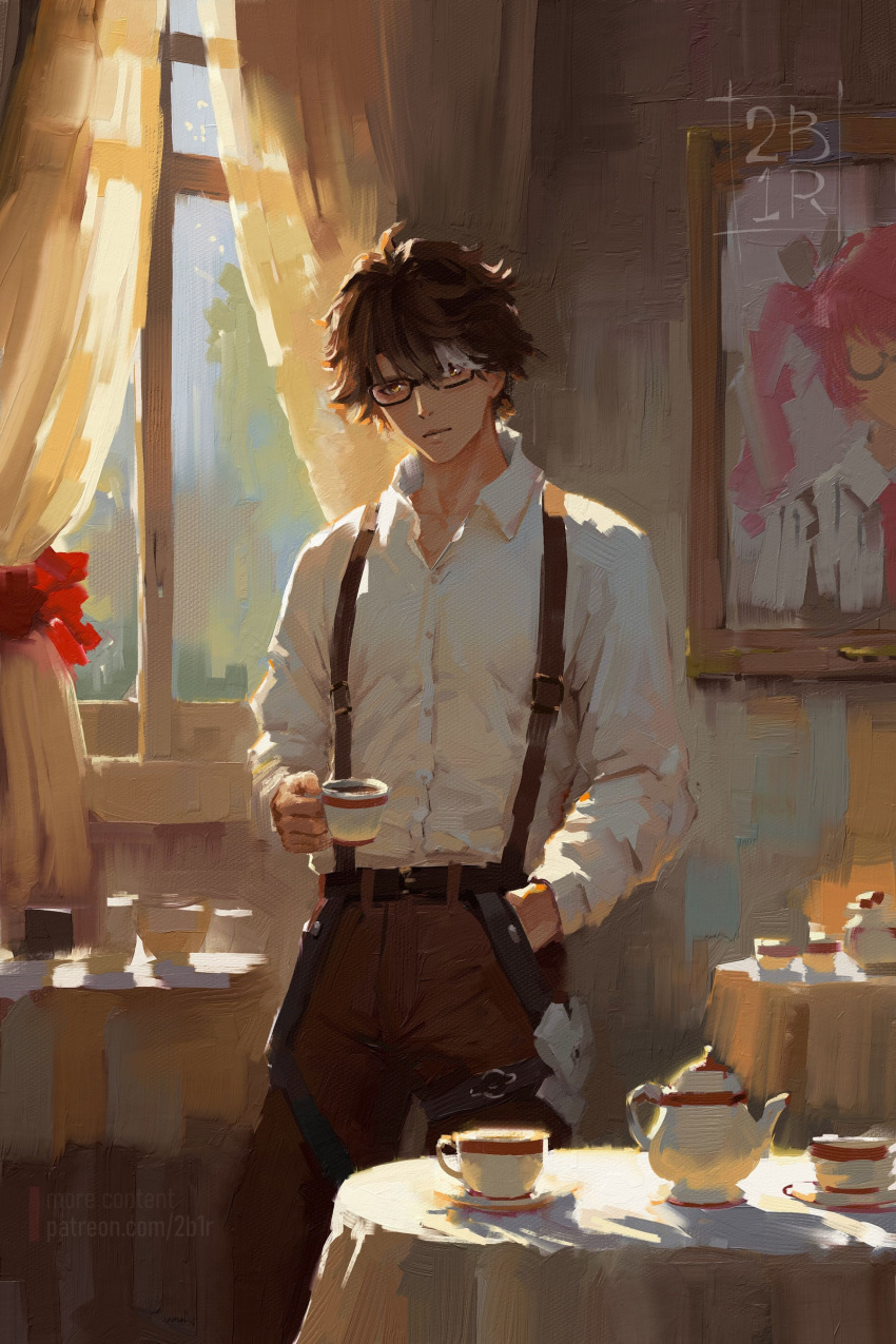 1boy absurdres artist_name belt brown_hair brown_pants buttons canvas_(medium) character_request closed_mouth collared_shirt commentary cup curtains day dress_shirt faux_traditional_media glasses grey_hair hair_between_eyes hand_in_pocket highres holding holding_cup honkai:_star_rail honkai_(series) impasto indoors long_sleeves looking_at_viewer male_focus painterly pants plate portrait_(object) ravine_bells shirt short_hair solo standing sunlight suspenders table tea tea_set teacup teapot welt_yang white_shirt window yellow_eyes