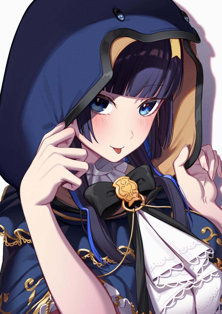 1girl :p absurdres alternate_costume ascot black_bow black_bowtie black_hair blue_hair blunt_bangs blush bow bowtie cloak colored_inner_hair erezu highres hololive hololive_english hood hood_up hooded_cloak looking_at_viewer multicolored_hair official_alternate_hair_length official_alternate_hairstyle ouro_kronii shirt solo streaked_hair tongue tongue_out upper_body virtual_youtuber white_ascot white_shirt