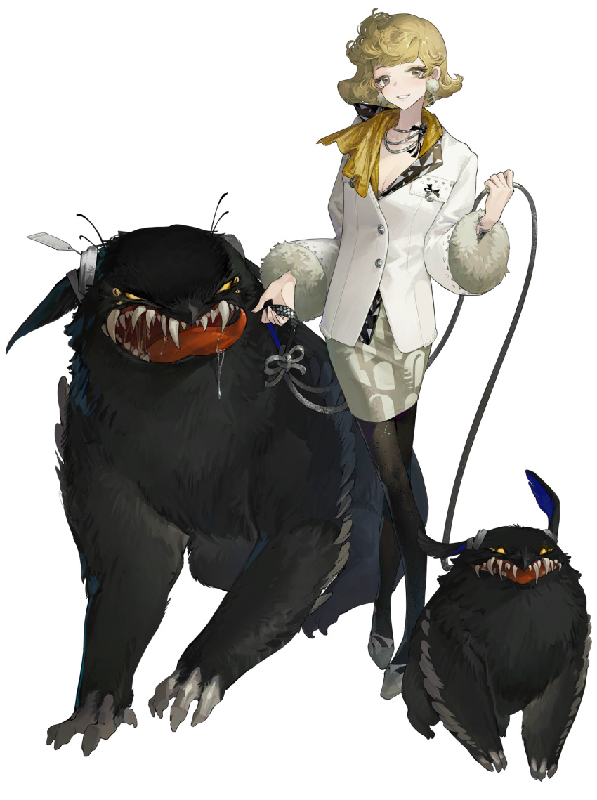 1girl black_pantyhose blonde_hair earrings fangs full_body fur-trimmed_sleeves fur_trim grin highres holding holding_leash jacket jewelry leash looking_at_viewer medium_hair monster ms._newbabel official_art pantyhose pencil_skirt reverse:1999 saliva scarf shoes skirt smile solo standing tachi-e third-party_source transparent_background white_footwear white_jacket white_skirt yellow_eyes yellow_scarf