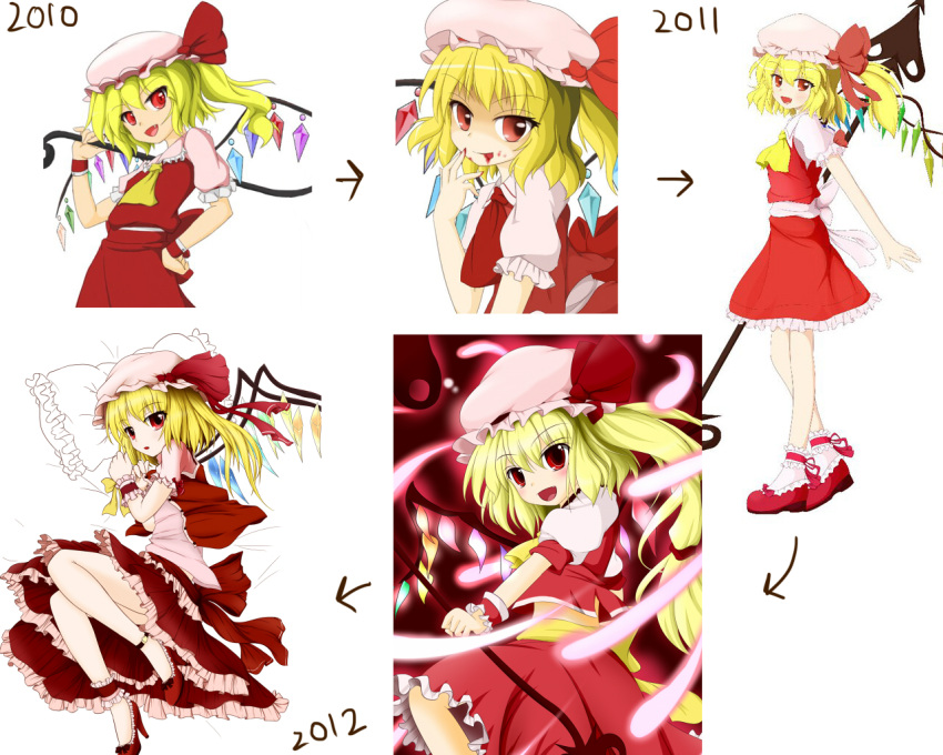 1girl 2010 2011 2012 artist_progress ascot back_bow blonde_hair blood blood_from_mouth blood_on_face blood_on_hands bow flandre_scarlet frilled_pillow frilled_shirt_collar frilled_skirt frilled_sleeves frills hand_on_own_hip hat hat_bow hat_ribbon head_on_pillow high_heels holding holding_polearm holding_weapon laevatein_(touhou) large_bow liteblck looking_at_viewer medium_hair mob_cap multicolored_wings one_side_up open_mouth pillow pink_headwear pink_shirt polearm puffy_short_sleeves puffy_sleeves red_ascot red_bow red_eyes red_footwear red_ribbon red_skirt red_vest ribbon shirt short_sleeves skirt skirt_set solo touhou vest weapon white_background white_bow white_shirt wings wrist_cuffs