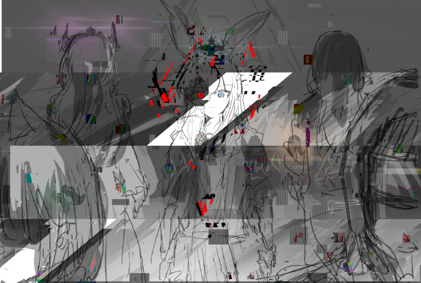 amiya_(arknights) animal_ears arknights blue_eyes distortion doctor_(arknights) glitch heterochromia highres kal'tsit_(arknights) monochrome partially_colored priestess_(arknights) red_eyes standing theresa_(arknights) whate=3r