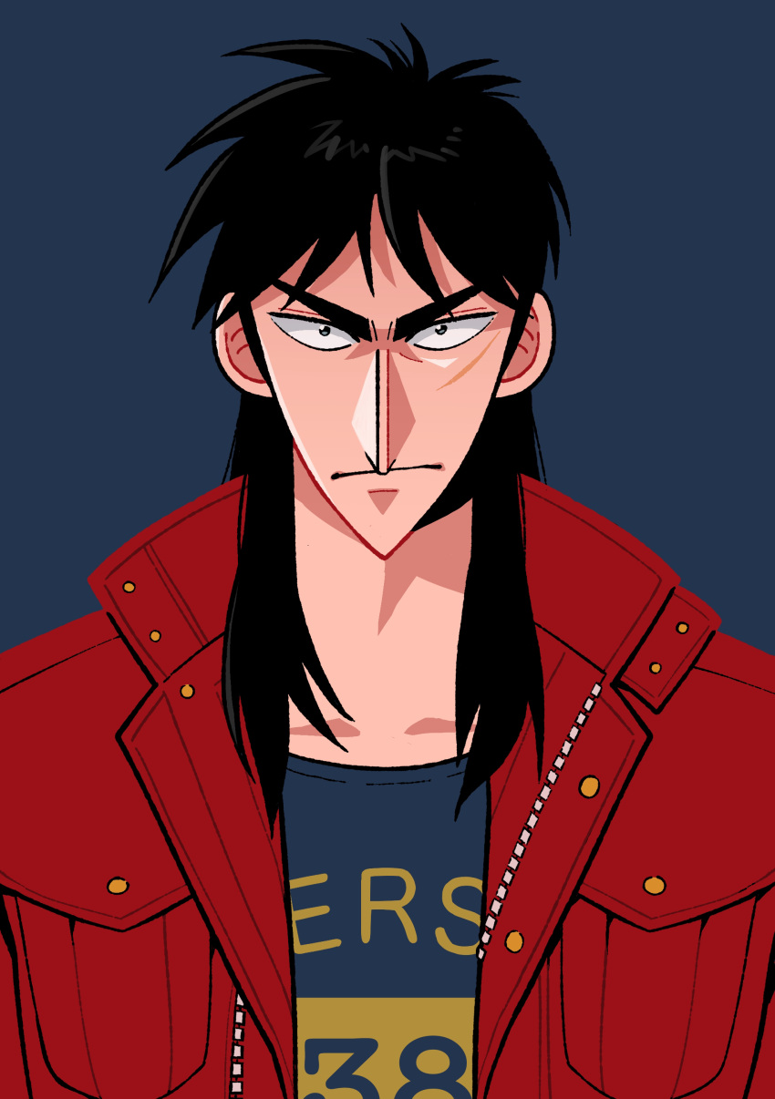 1boy absurdres black_eyes black_hair black_shirt blue_background closed_mouth commentary_request frown fukumoto_nobuyuki_(style) highres itou_kaiji jacket kaiji long_hair looking_at_viewer male_focus medium_bangs official_style open_clothes open_jacket parody pointy_nose red_jacket scar scar_on_cheek scar_on_face shirt sidelocks simple_background solo style_parody upper_body usarinko v-shaped_eyebrows