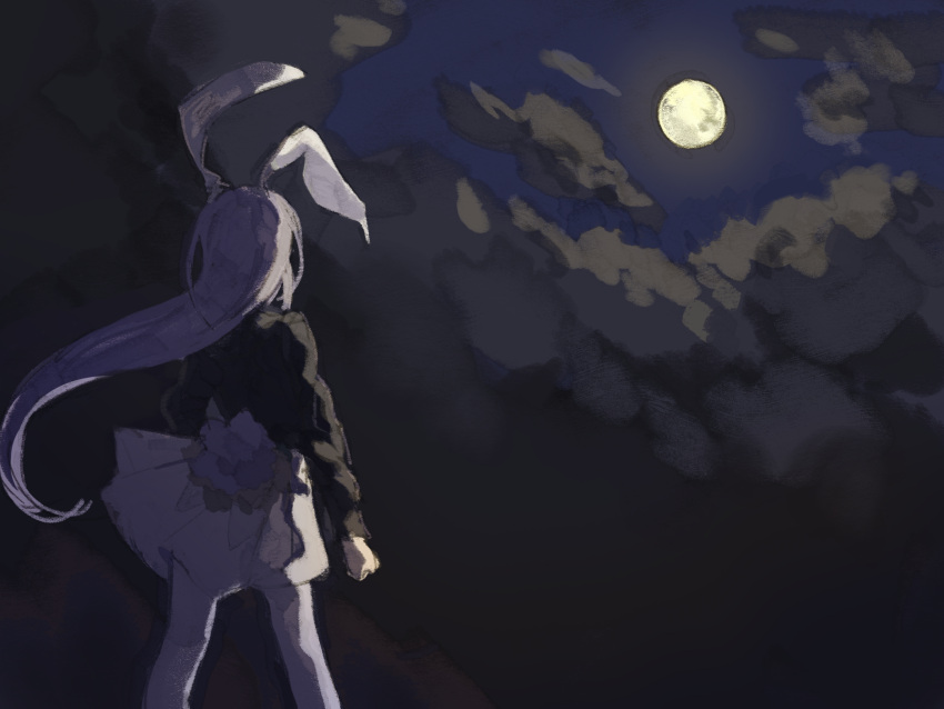 1girl animal_ears black_shirt clouds cloudy_sky from_behind full_moon highres long_hair long_sleeves moon night night_sky outdoors pleated_skirt purple_hair rabbit_ears rabbit_girl rabbit_tail reisen_udongein_inaba shirt skirt sky solo tail touhou white_skirt youshouhaoxianzhe
