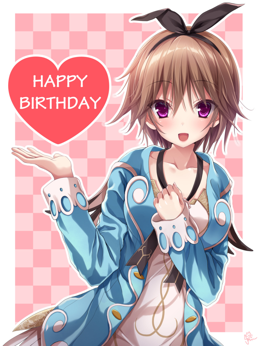 1girl :d black_ribbon blue_jacket blush border brown_hair chaamii character_request checkered_background clenched_hand collarbone eyelashes eyes_visible_through_hair hair_between_eyes hands_up happy_birthday hapymaher head_tilt heart highres jacket long_hair long_sleeves looking_at_viewer low_ponytail open_clothes open_hand open_jacket open_mouth pink_background ribbon shirt signature simple_background smile solo spiky_hair tsurime upper_body violet_eyes white_border white_shirt