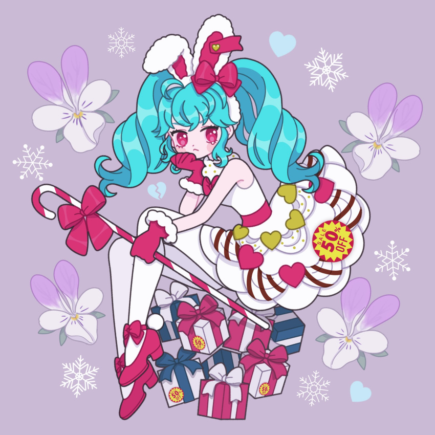 1girl animal_ears ankle_ribbon blue_hair box candy candy_cane dress fake_animal_ears flower food frown full_body gift gift_box gloves head_rest heart highres holding holding_candy holding_candy_cane holding_food leg_ribbon long_hair looking_to_the_side nyaasechan orchid original pink_eyes pink_ribbon rabbit_ears red_gloves ribbon sale sidelocks sitting sleeveless sleeveless_dress snowflakes solo tearing_up thigh-highs twintails wavy_hair white_dress white_thighhighs