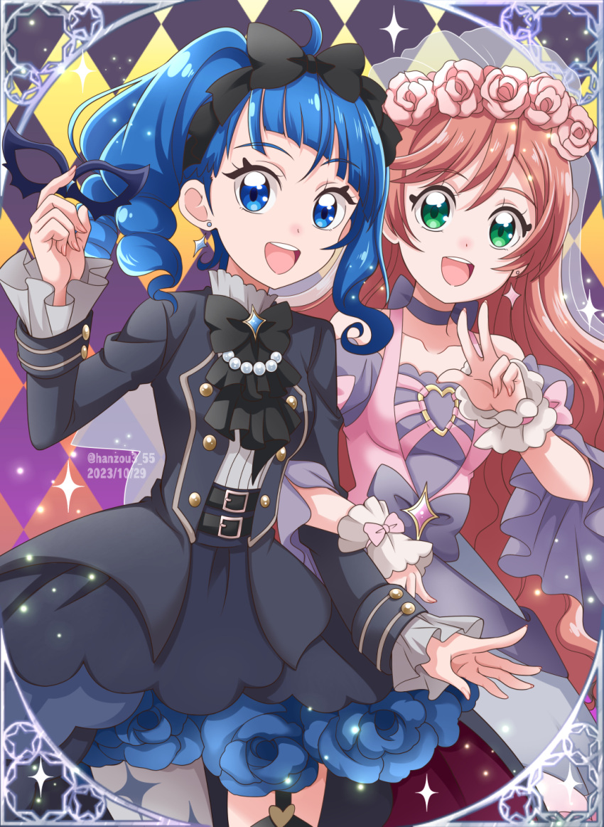 2023 2girls :d alternate_costume artist_name black_bow blue_eyes blue_hair bow commentary_request dated dress earrings eyelashes green_eyes hair_ornament hairband halloween halloween_costume hanzou happy high_ponytail high_side_ponytail highres hirogaru_sky!_precure jewelry long_hair looking_at_viewer medium_hair multiple_girls nijigaoka_mashiro official_alternate_costume open_mouth pink_hair ponytail precure side_ponytail smile sora_harewataru standing twitter_username v veil wrist_cuffs