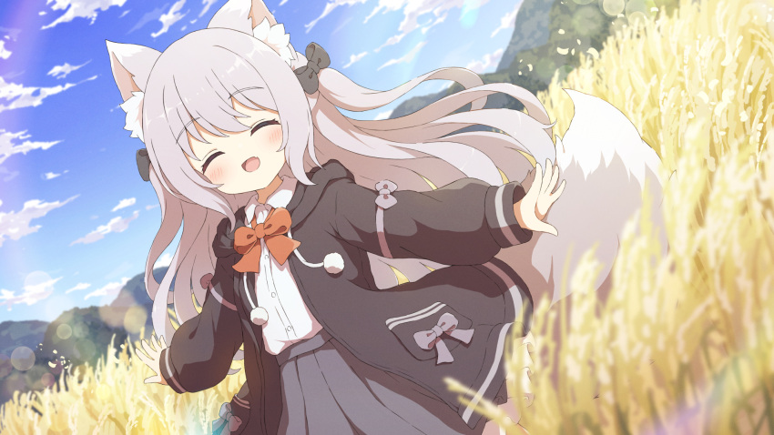 1girl animal_ear_fluff animal_ears blue_sky blurry blush bow closed_eyes commission cowboy_shot day depth_of_field dog_ears dog_girl dog_tail dutch_angle fang field grey_hair hair_bow highres lens_flare long_hair open_mouth original outdoors school_uniform shirt sidelocks skeb_commission sky smile solo tail tyakomes wheat_field