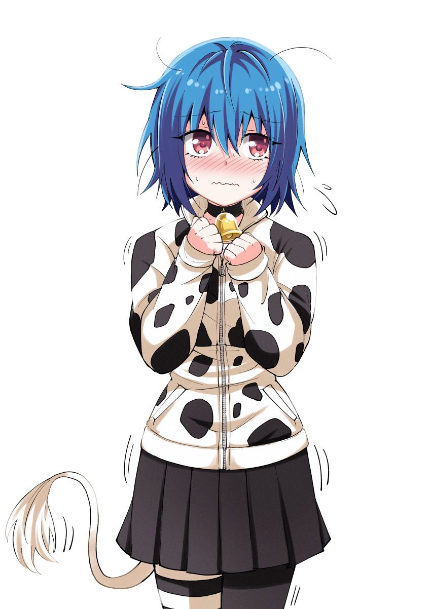 1girl absurdres animal_print asymmetrical_legwear bell black_skirt black_thighhighs blue_hair blush closed_mouth cow_girl cow_print cow_tail flying_sweatdrops highres hood hoodie jashin-chan_dropkick long_sleeves looking_at_viewer messy_hair minos_(jashin-chan_dropkick) mismatched_legwear neck_bell pleated_skirt red_eyes short_hair simple_background single_thighhigh skirt solo tail thigh-highs thigh_strap white_background yuuki_shushu