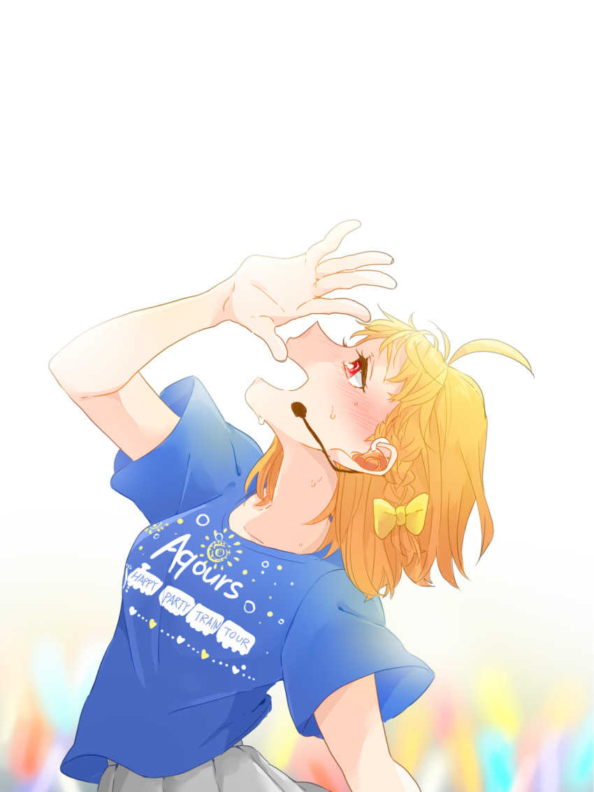 1girl ahoge blue_shirt blurry blurry_background blush bow braid breasts commentary_request earpiece glowstick grey_skirt hair_bow happy_party_train highres idol kashikaze love_live! love_live!_sunshine!! medium_breasts medium_hair microphone open_mouth orange_hair pleated_skirt red_eyes shirt short_sleeves side_braid skirt solo sweat takami_chika yellow_bow