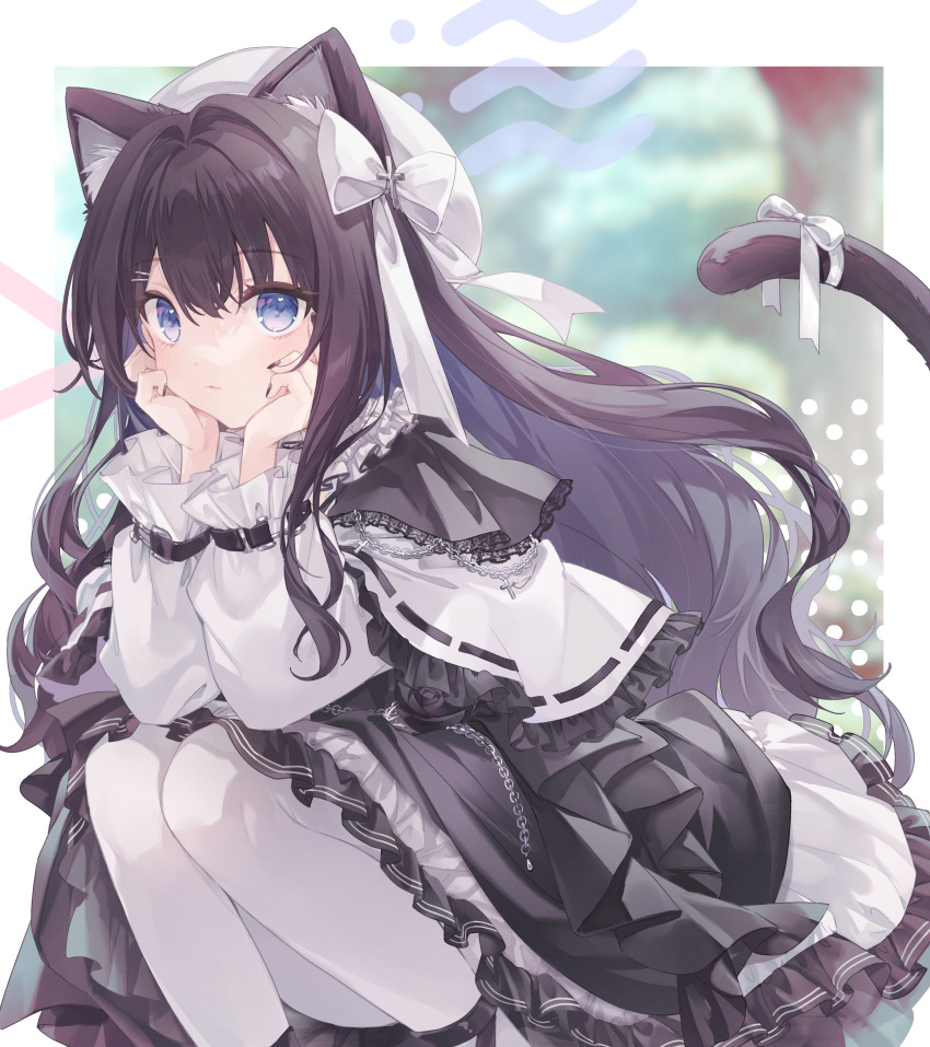 1girl absurdres animal_ears black_dress black_hair blue_eyes capelet cat_ears cat_girl cat_tail commission dress frilled_capelet frilled_skirt frills highres indie_virtual_youtuber lolita_fashion long_hair long_sleeves looking_at_viewer nekodo_oyuchi pantyhose second-party_source shirt skeb_commission skirt skirt_under_dress squatting tail ukishizumi virtual_youtuber white_capelet white_pantyhose white_shirt white_skirt