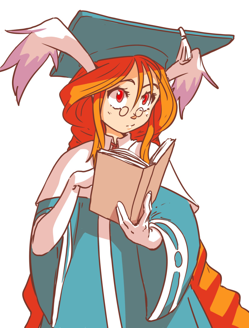 1girl animal_ears book braid breath_of_fire breath_of_fire_iii djolk elbow_gloves glasses gloves hat highres holding holding_book long_hair momo_(breath_of_fire) mortarboard rabbit_ears red_eyes redhead robe solo twin_braids wide-eyed