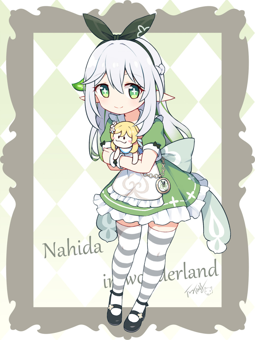1girl alice_in_wonderland apron black_footwear braid character_doll closed_mouth commentary_request cross-shaped_pupils dress frilled_apron frilled_dress frills full_body genshin_impact green_dress green_eyes green_hair green_hairband green_ribbon grey_hair hair_ribbon hairband highres hugging_doll hugging_object langbazi long_hair lumine_(genshin_impact) multicolored_hair nahida_(genshin_impact) pocket_watch puffy_short_sleeves puffy_sleeves ribbon shoes short_sleeves signature smile solo standing streaked_hair striped striped_thighhighs symbol-shaped_pupils thigh-highs very_long_hair watch white_apron