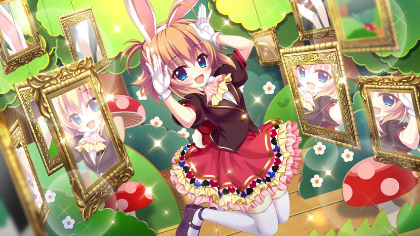 1girl :d ahoge alice_in_wonderland animal_ears ascot back_bow black_footwear blue_eyes bow brown_suit bush cardboard_cutout club_(shape) cosplay diamond_(shape) dot_nose dutch_angle fake_animal_ears fake_tail film_grain flower game_cg gloves heart izumi_tsubasu jumping lens_flare looking_at_viewer mary_janes multiple_reflections mushroom non-web_source official_art open_mouth orange_hair pink_ascot rabbit_ears rabbit_pose rabbit_tail re:stage! red_bow red_skirt reflection shikimiya_mana shoes short_hair short_sleeves skirt smile spade_(shape) sparkle stage suit suit_jacket tail thigh-highs tree white_flower white_gloves white_rabbit_(alice_in_wonderland) white_rabbit_(alice_in_wonderland)_(cosplay) white_thighhighs wire wooden_floor yellow_ascot zettai_ryouiki