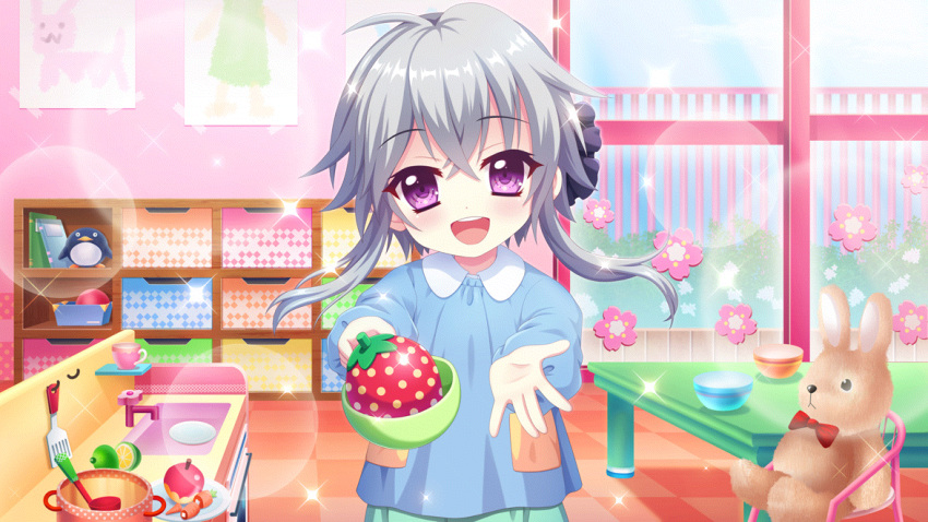 1girl :d aged_down ahoge apple basket black_bow blue_sky book bow bowl bowtie carrot chair child child's_drawing cooking_pot cup day dot_nose fake_food fence film_grain flower food fruit game_cg grey_hair hair_bow head_tilt holding holding_cup ichijou_ruka incoming_food indoors izumi_tsubasu kindergarten kindergarten_uniform ladle lens_flare non-web_source official_art open_mouth outstretched_arms pink_flower plate re:stage! red_bow red_bowtie short_hair_with_long_locks sink sky smile solo sparkle spatula straight-on strawberry stuffed_animal stuffed_penguin stuffed_rabbit stuffed_toy table teeth tile_floor tiles toy_kitchen upper_teeth_only violet_eyes white_flower window