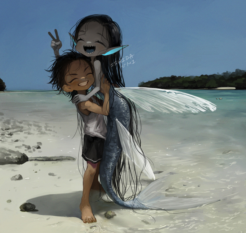 1boy 1girl artist_name barefoot beach black_hair black_shorts blue_sky blue_tongue carrying carrying_person closed_eyes colored_skin colored_tongue commentary day facing_viewer fins from_side full_body grey_skin grin hand_up highres ishida_umi long_hair medium_hair mermaid monster_girl open_mouth original outdoors pointy_ears sharp_teeth shirt shorts sky sleeveless sleeveless_shirt smile standing tan tank_top teeth v very_long_hair water watermark white_shirt