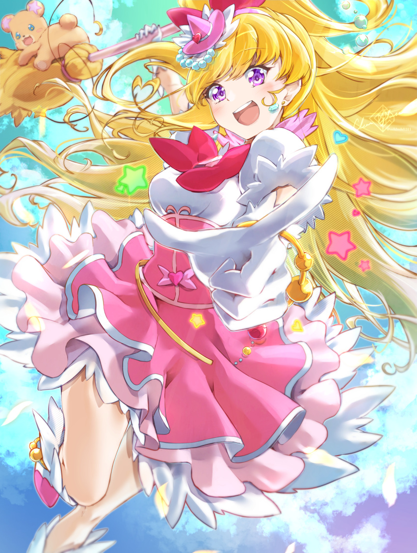 1girl :d artist_name asahina_mirai blonde_hair blush boots bow broom clear_glass_(mildmild1311) clouds commentary_request cure_miracle dress earrings eyelashes gloves hair_ornament half_updo happy hat highres holding holding_broom jewelry light_blush long_hair looking_at_viewer magical_girl mahou_girls_precure! mini_hat mini_witch_hat mofurun_(mahou_girls_precure!) open_mouth pink_dress pointing pointing_at_viewer precure puffy_short_sleeves puffy_sleeves short_sleeves signature sky smile solo twitter_username two-tone_dress violet_eyes white_dress white_gloves witch_hat
