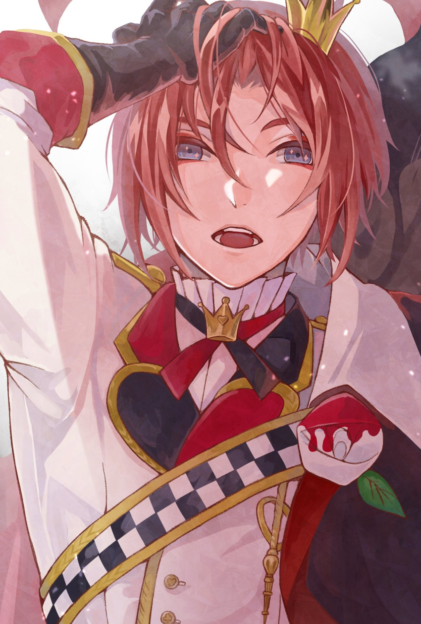 1boy :o arm_up black_gloves blue_eyes crown elbow_gloves gloves hand_in_own_hair hand_up highres jacket kesyeru looking_at_viewer male_focus mini_crown riddle_rosehearts shirt short_hair solo twisted_wonderland upper_body white_shirt