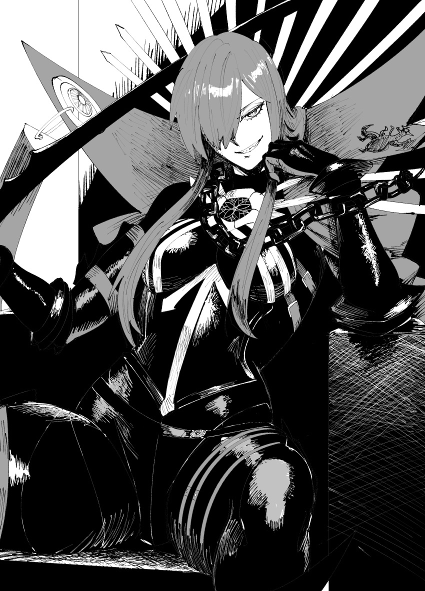 1girl absurdres armor arqa breastplate breasts cape chain fate/grand_order fate_(series) greyscale hair_over_one_eye hand_on_own_cheek hand_on_own_face high_collar highres holding holding_sword holding_weapon long_hair looking_at_viewer monochrome oda_nobunaga_(fate) oda_nobunaga_(maou_avenger)_(fate) one_eye_covered sidelocks sitting skin_tight solo sword weapon